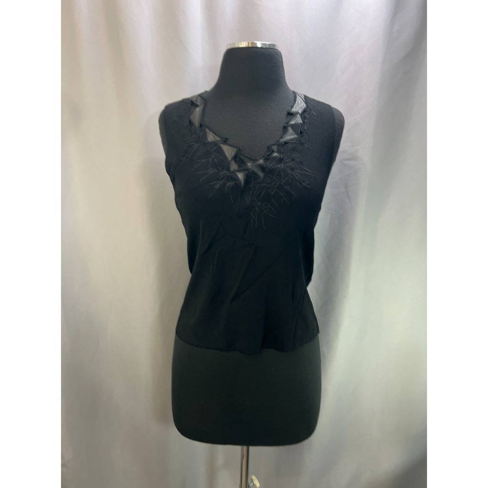 Cyrus Ribbed Tank Top Womens Medium Black Rayon Leather Trim V Neck Sleeveless